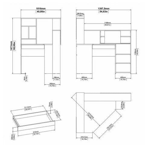Function Plus Corner Desk with multi-functional unit In White and Oak